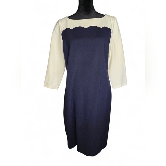 Talbots Navy/Cream Scalloped Detail 3/4 Sleeve Sheath Midi Dress, Women Size 6 - Picture 1 of 5